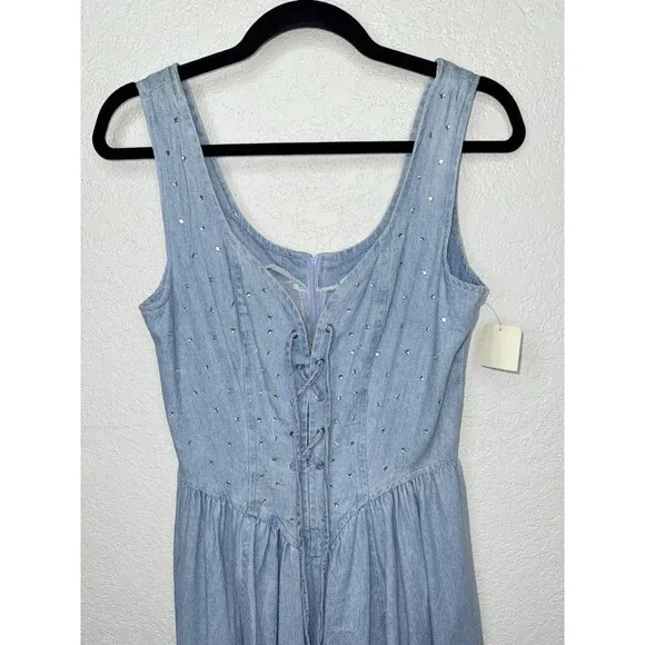 Vintage Denim Tank Dress 6 Rhinestone Fit Flare Old Western 80’s Tie Front P - Picture 2 of 14